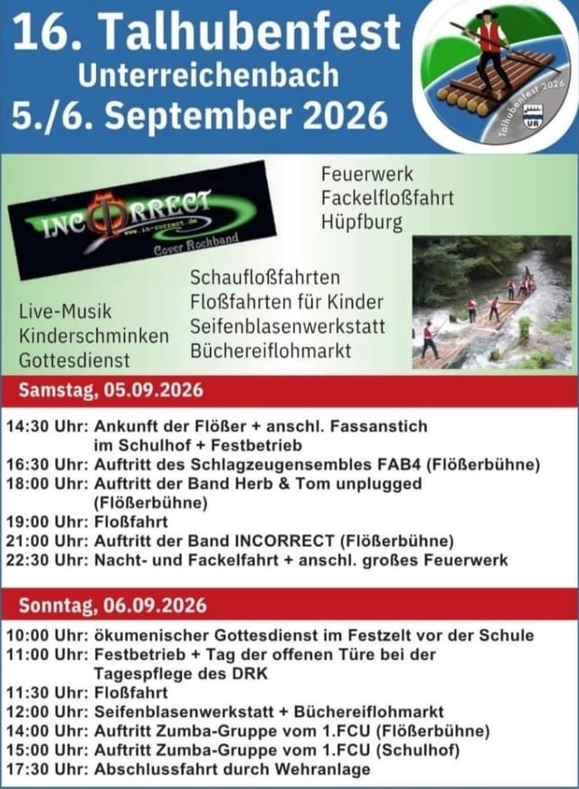 Programmflyer · Talhuben-Flößer Unterreichenbach Programmflyer Talhubenfest Unterreichenbach — Ablauf Samstag und Sonntag mit Schaufahrten, Musik und Fackelfahrt